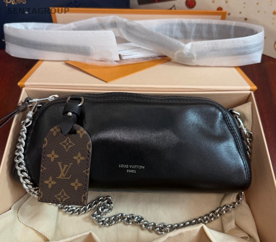 Louis Vuitton Pochette Vibe Lambskin Chain Shoulder Crossbody Black Silver Women