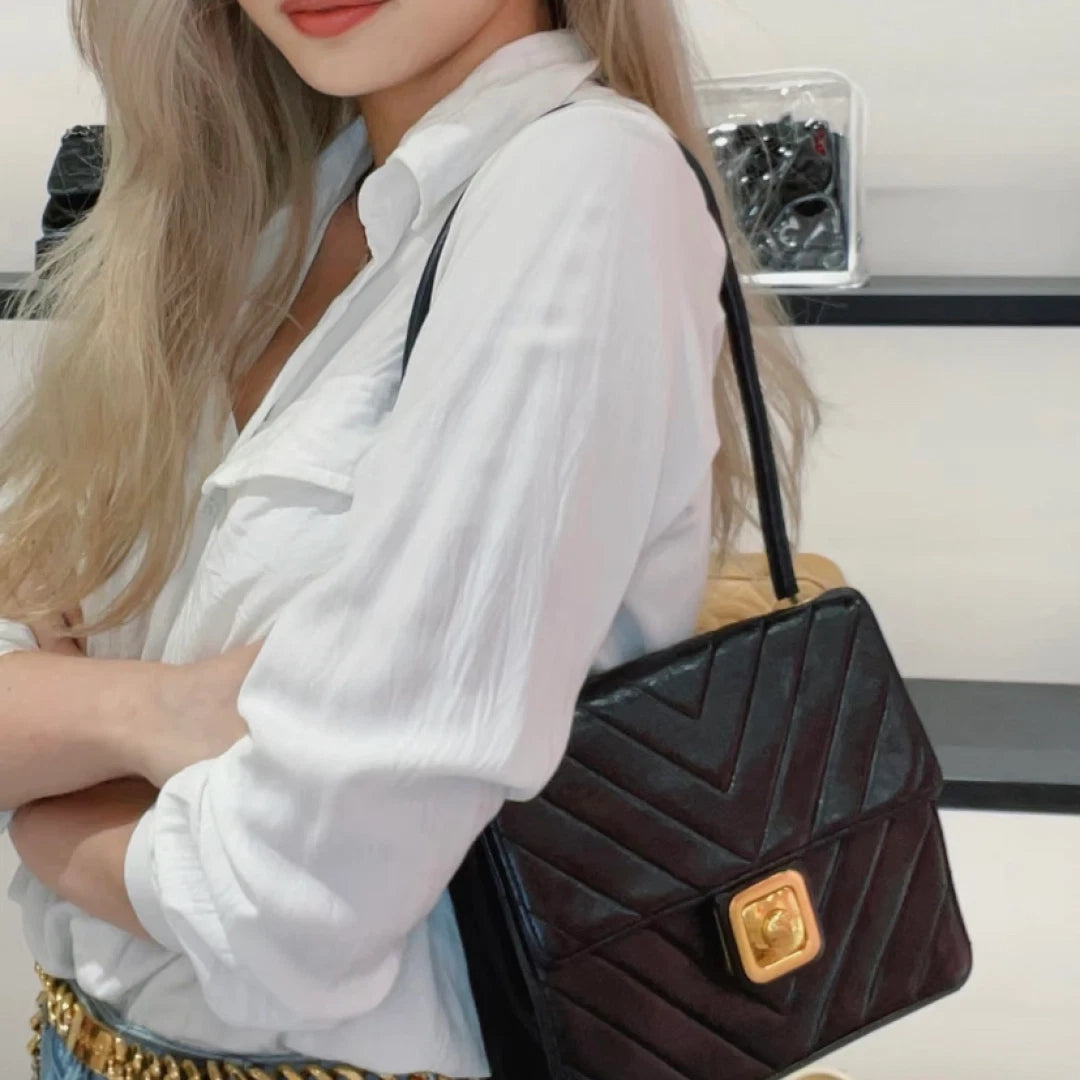 Chanel Chevron Lambskin Shoulder Bag Black Gold Hardware Women Classic S
