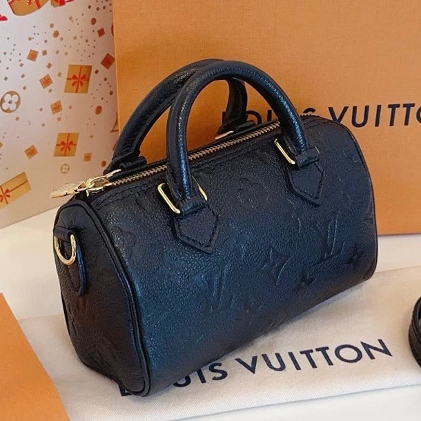 Louis Vuitton Speedy Nano Calfskin Top Handle Bag Crossbody Black Gold Women