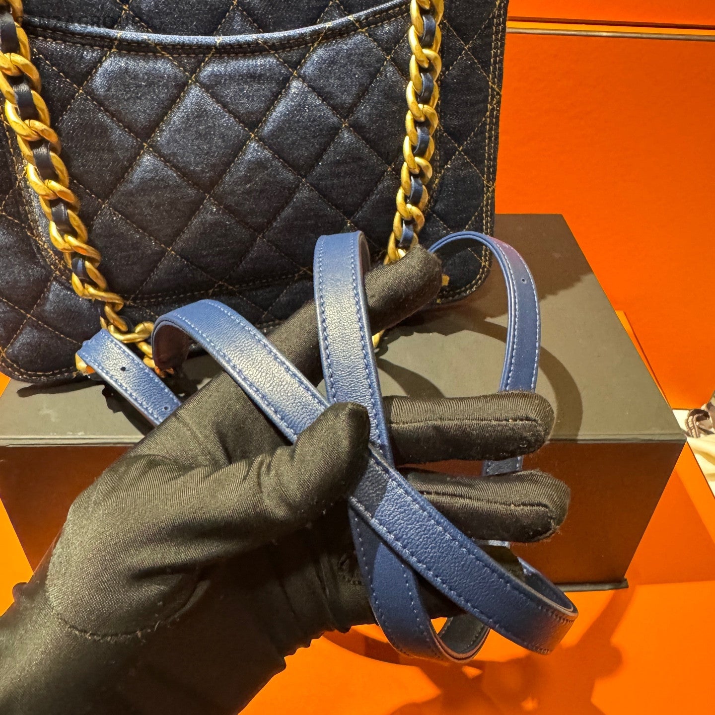 Chanel 23S Denim Quilted Crossbody Bag Blue Gold Women's Shoulder Bag