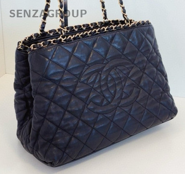 Chanel Diamond Chain Tote Shoulder Bag Black Gold Used Women Classic