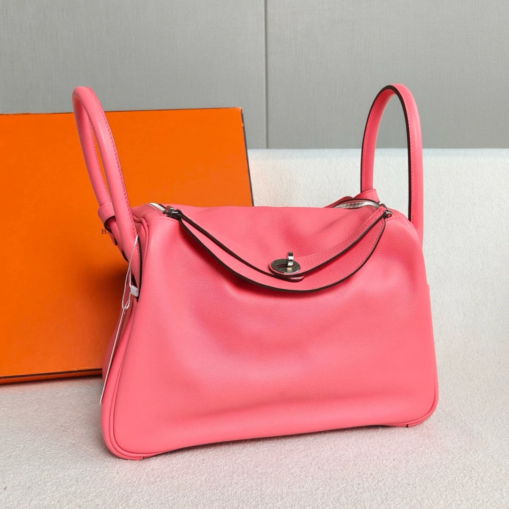 Hermes Lindy30 TC Leather Top Handle Shoulder Bag Pink Silver Women Classic