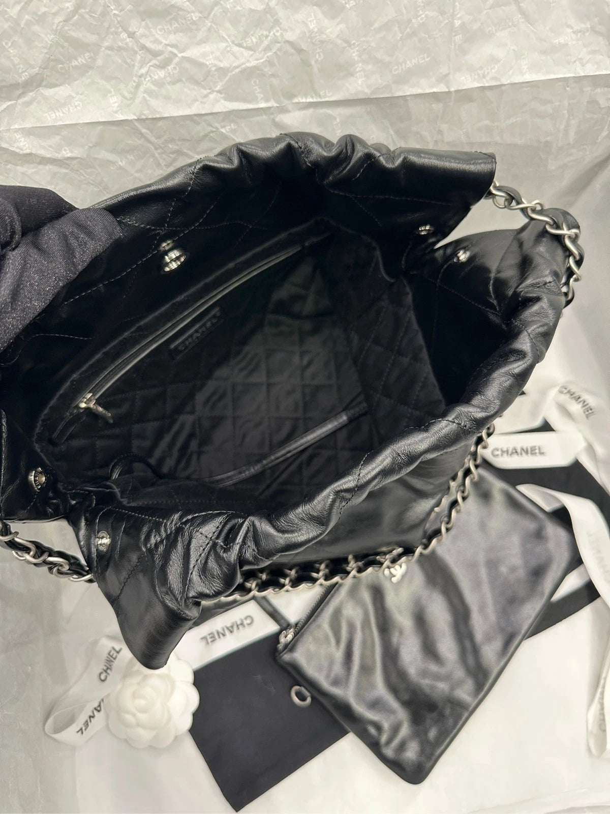 Authentic CHANEL 22Bag Small Black Silver Chain Tote Bag For Women