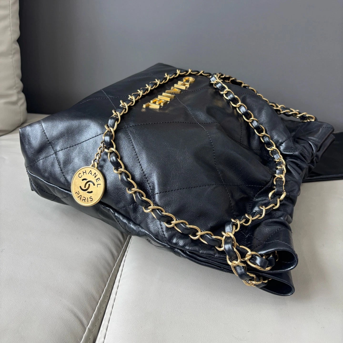 Chanel 22Bag PM Chain Shoulder Bag Crossbody Black Gold Women Classic