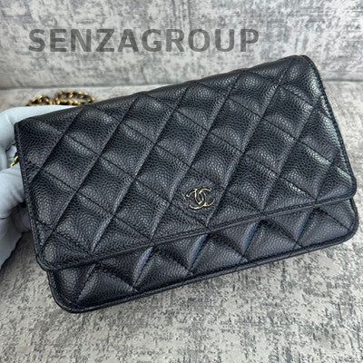 Chanel WOC Black Gold Caviar Leather Chain Shoulder Crossbody Bag Quilted