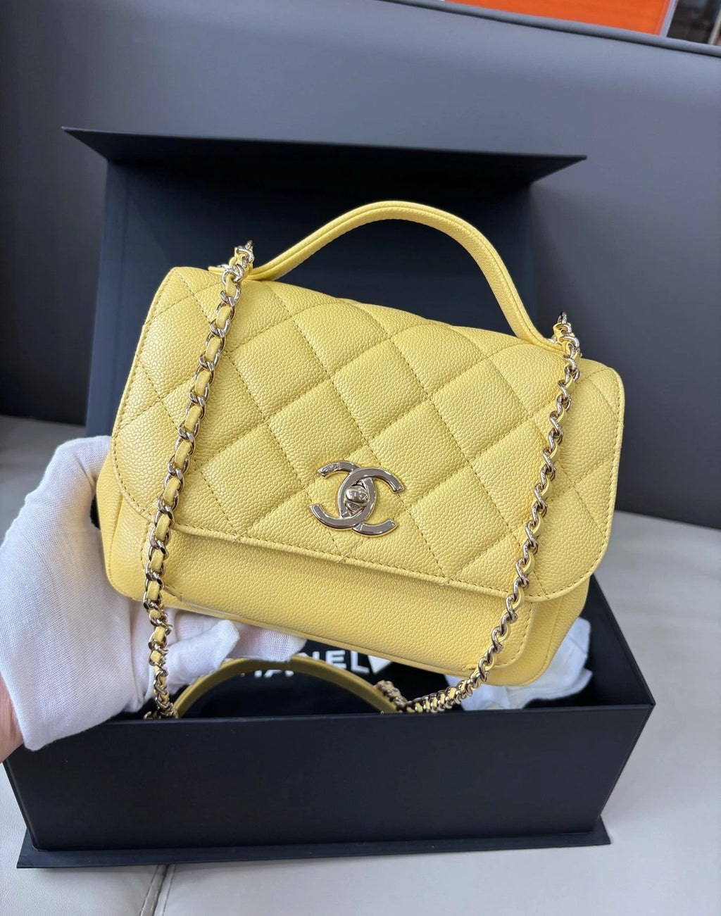 Chanel Affinity Small Mail Bag Caviar Leather Handbag Crossbody Bag Yellow