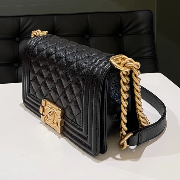 Auth Chanel Le Boy Small Black Caviar Leather Crossbody Bag