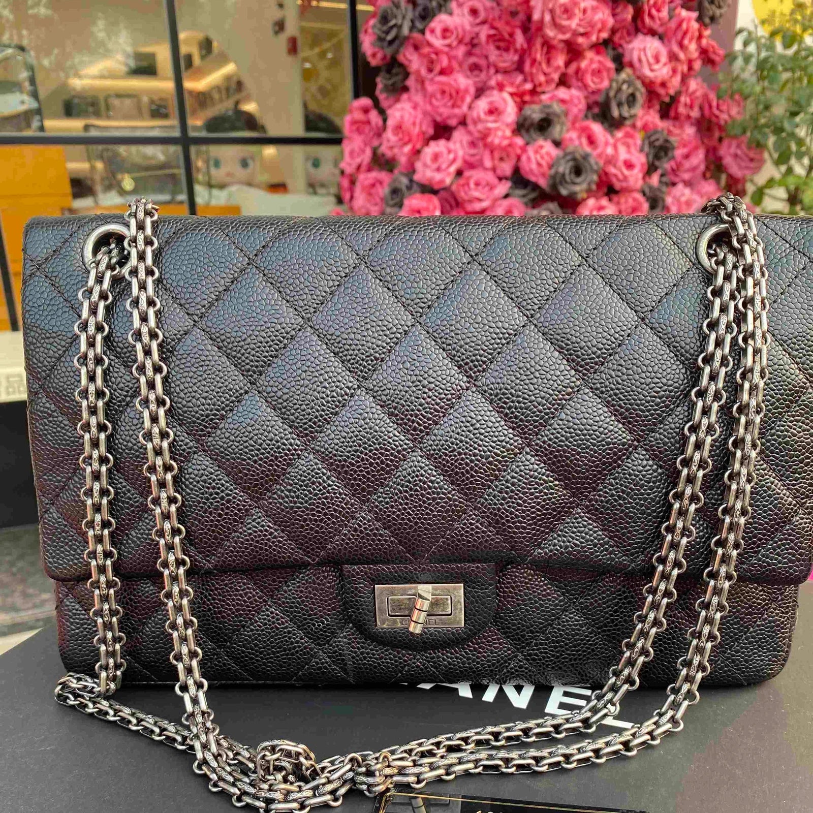 CHANEL Black Silver Leather Shoulder Crossbody Bag For Women