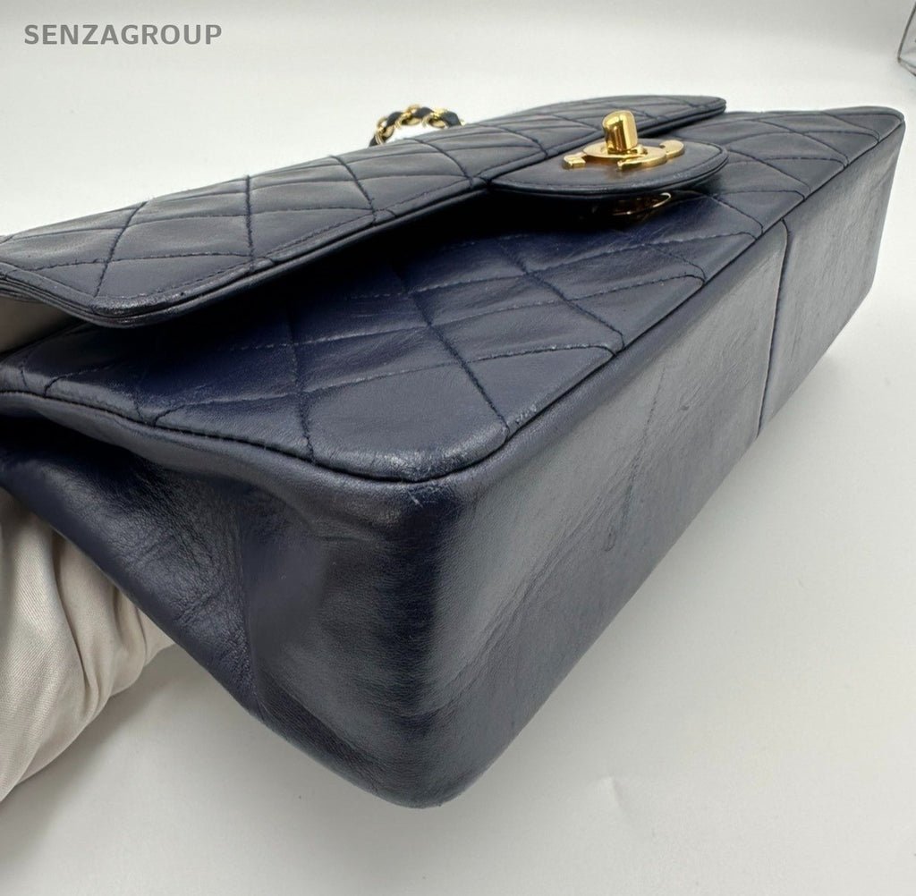 Chanel Classic Flap Lambskin MM Chain Shoulder Crossbody Blue Gold Women Vintage
