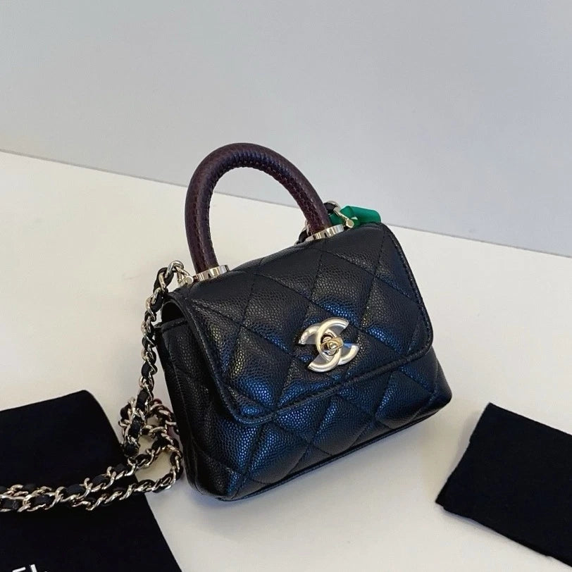 New Chanel Coco Handle Nano Calfskin Top Handle Chain Crossbody Black GHW