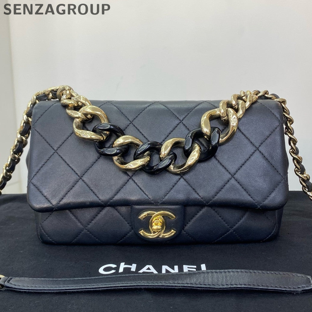 Chanel Black Gold Lambskin Quilted Chain Shoulder Bag - Classic Women's