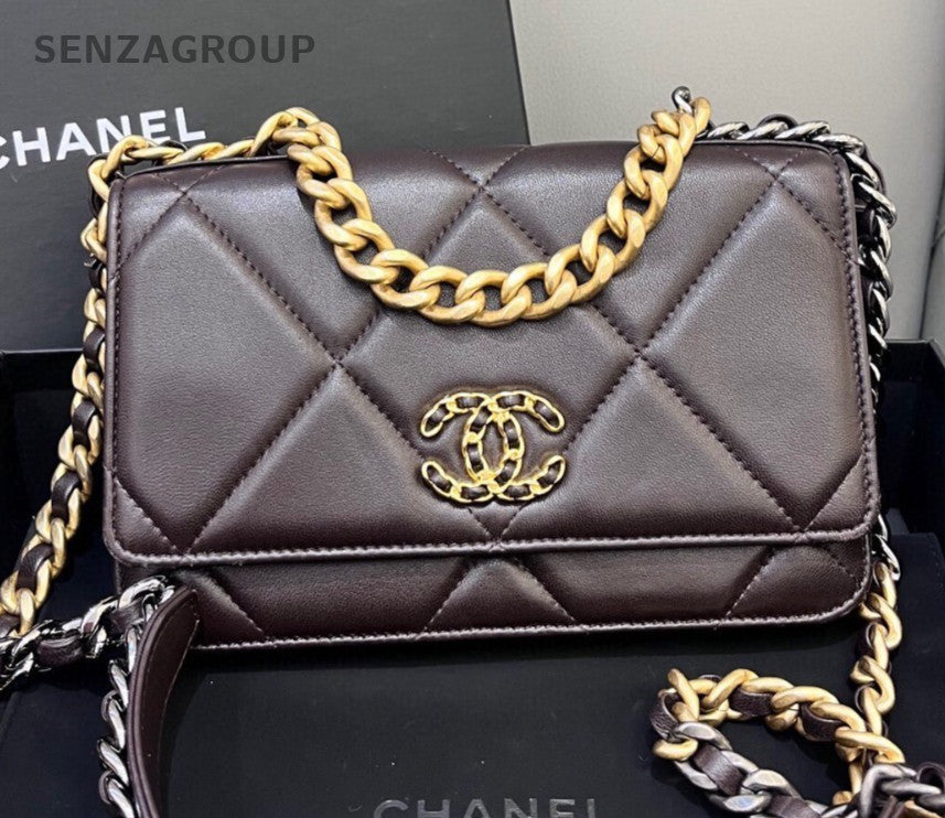 Chanel 19 WOC Chain Diamond Handbag Crossbody Chocolate Brown Gold Women Classic