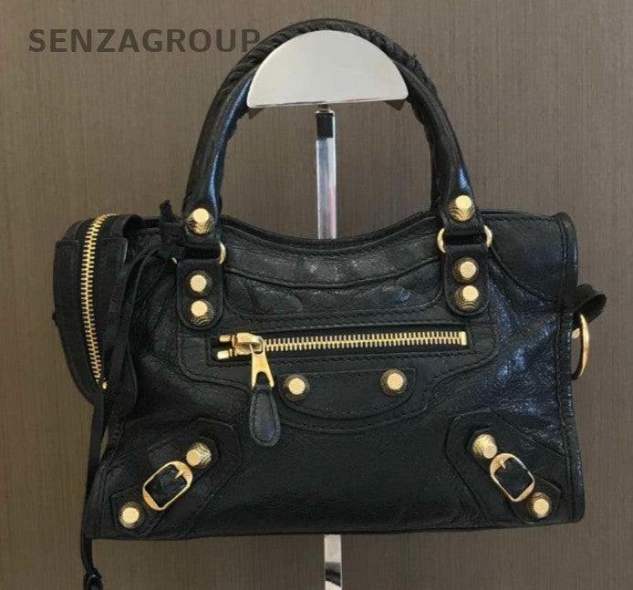 Balenciaga Mini Top Handle Shoulder Bag Crossbody Black Gold Women Classic