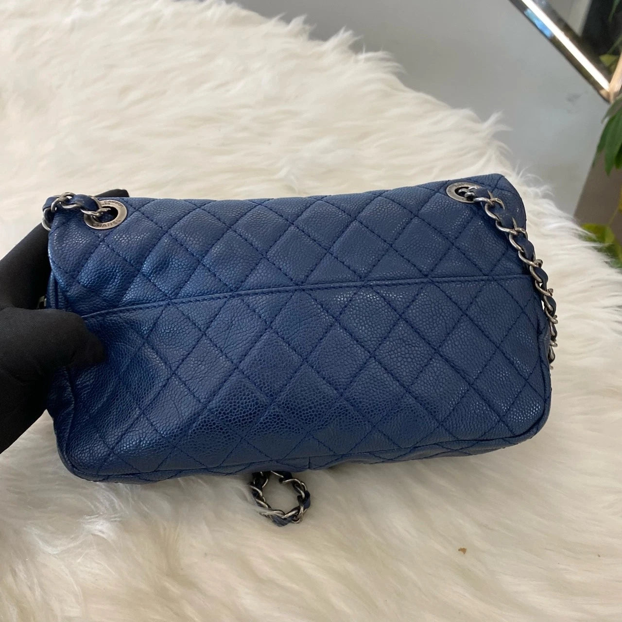 Chanel Classic Flap Chain Shoulder Crossbody Bag Blue Silver