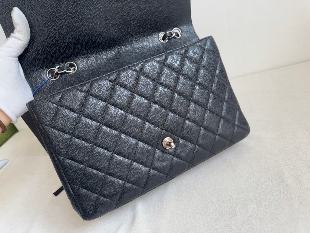 Chanel Classic Flap Jumbo Chain Shoulder Bag Crossbody Black Silver Women