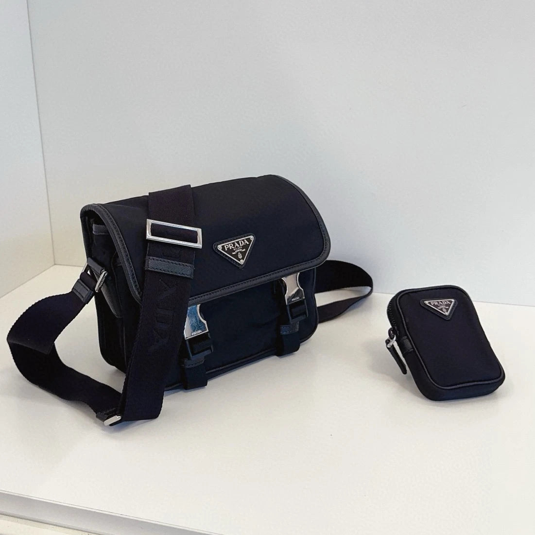 Prada Re-Nylon PM Shoulder Crossbody Black Silver Unisex Adults Classic