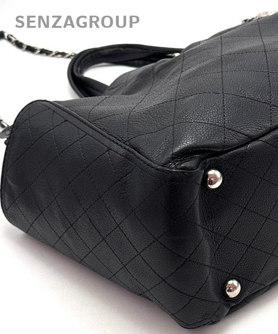 Chanel Clogo Diamond Pattern Chain Tote Bag Black Silver Used Women Classic