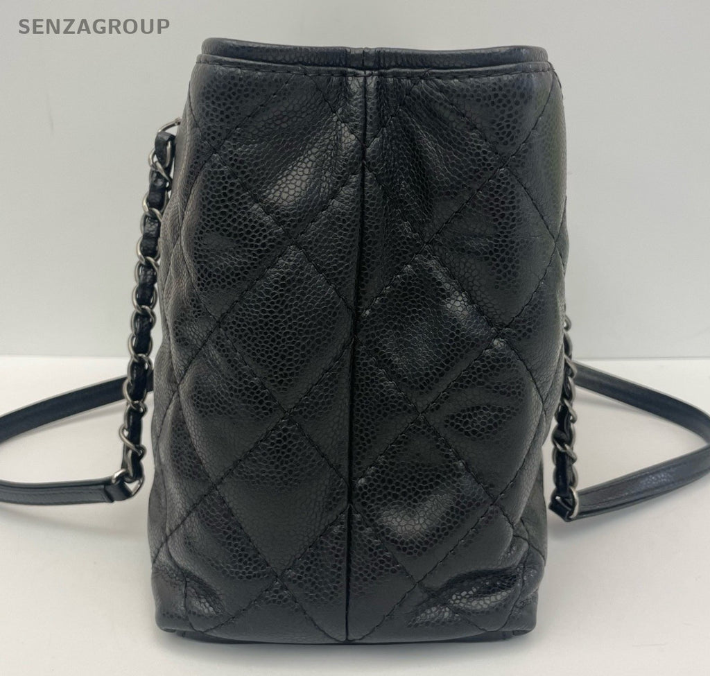 Chanel Calfskin Diamond Chain Tote Shoulder Bag Black Silver Women Classic