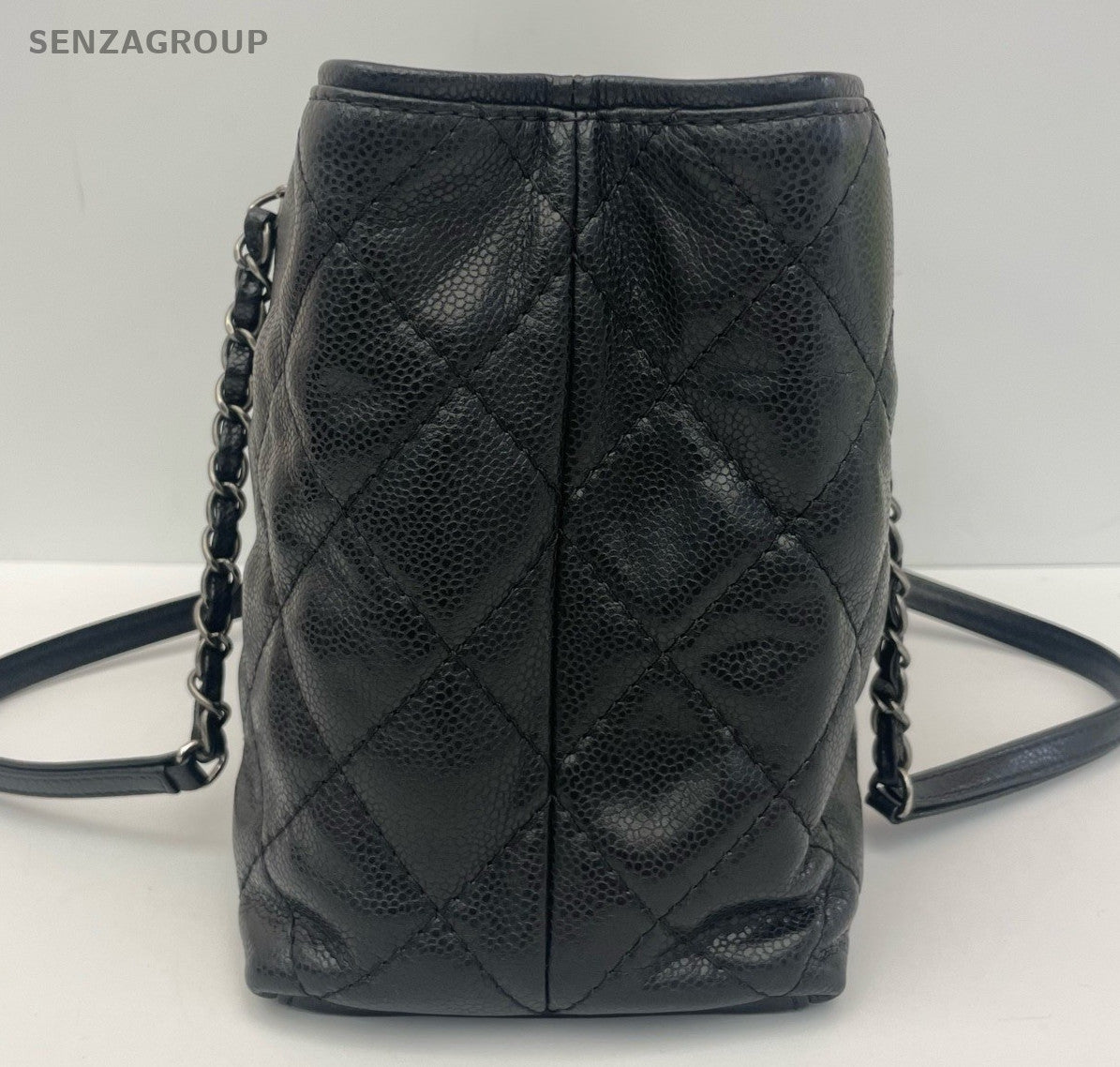 Chanel Calfskin Diamond Chain Tote Shoulder Bag Black Silver Women Classic