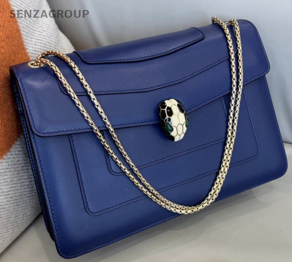 Bvlgari Serpenti Forever MM Chain Shoulder Bag Blue Gold Used Women Designer