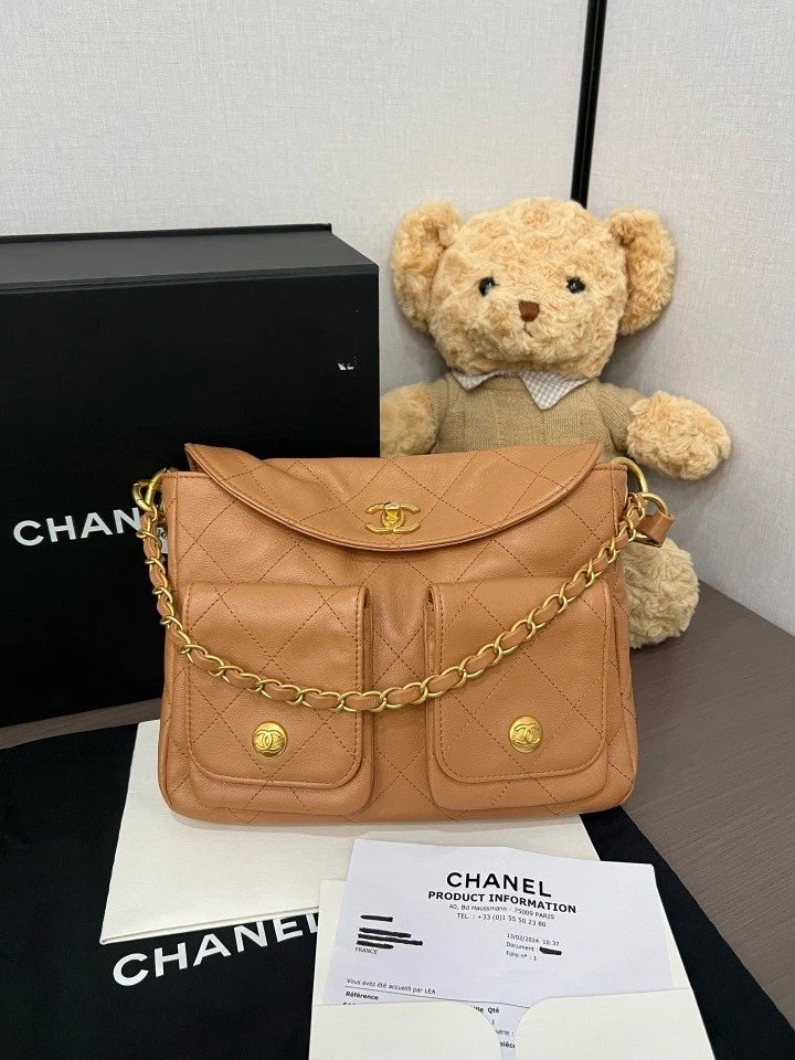 CHANEL 24P Caramel Hobo Chain Shoulder Bag For Women