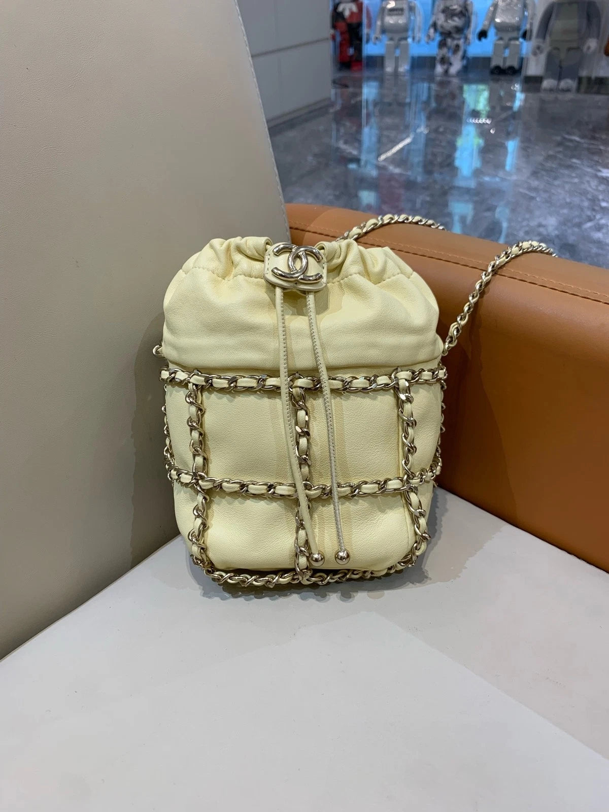 CHANEL Women Yellow Drawstring Bucket Chain Crossbody Bag