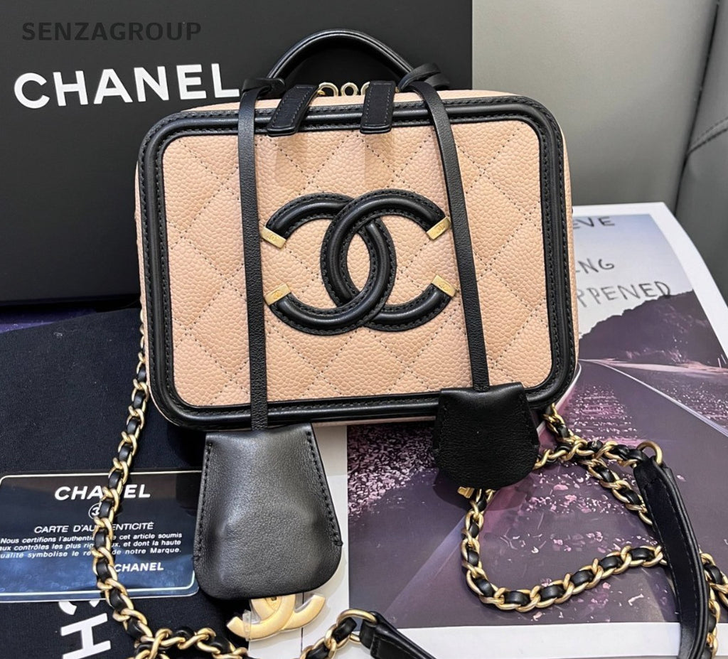 Chanel Vanity Case PM Calfskin Chain Shoulder Bag Crossbody Beige Black Women