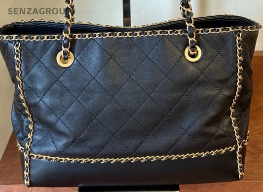 Chanel Lambskin Chain CC Logo Tote Shoulder Bag Black Gold Used Women Classic