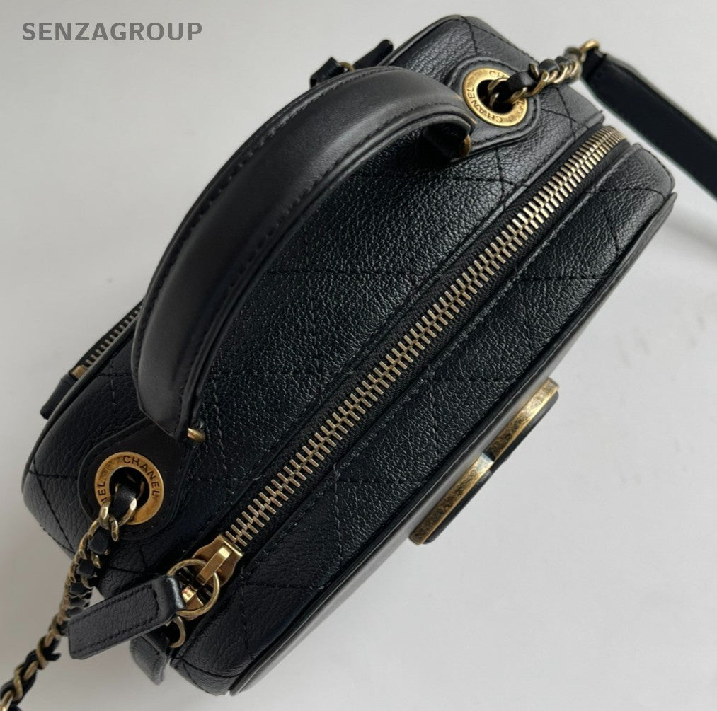 Chanel Calfskin Chain Top Handle Bag Crossbody Black Gold Women Classic