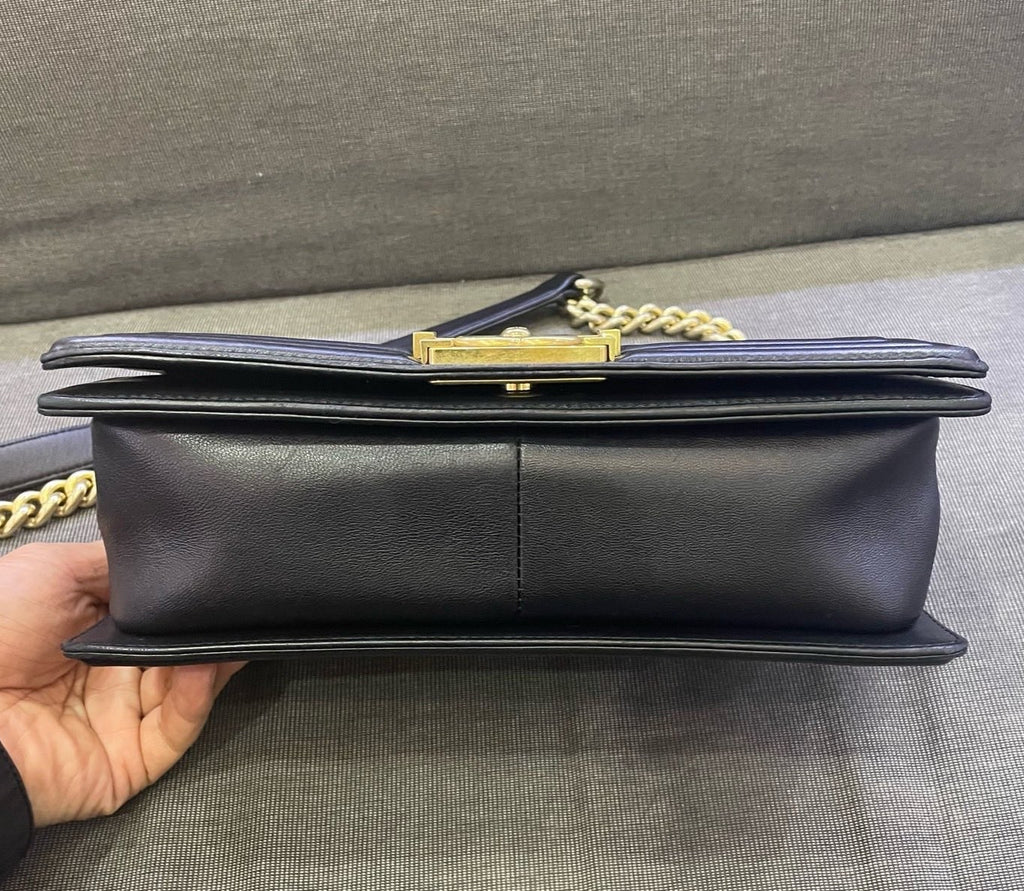 Chanel Leboy MM Lambskin Chain Shoulder Bag Crossbody Black Gold Women Classic