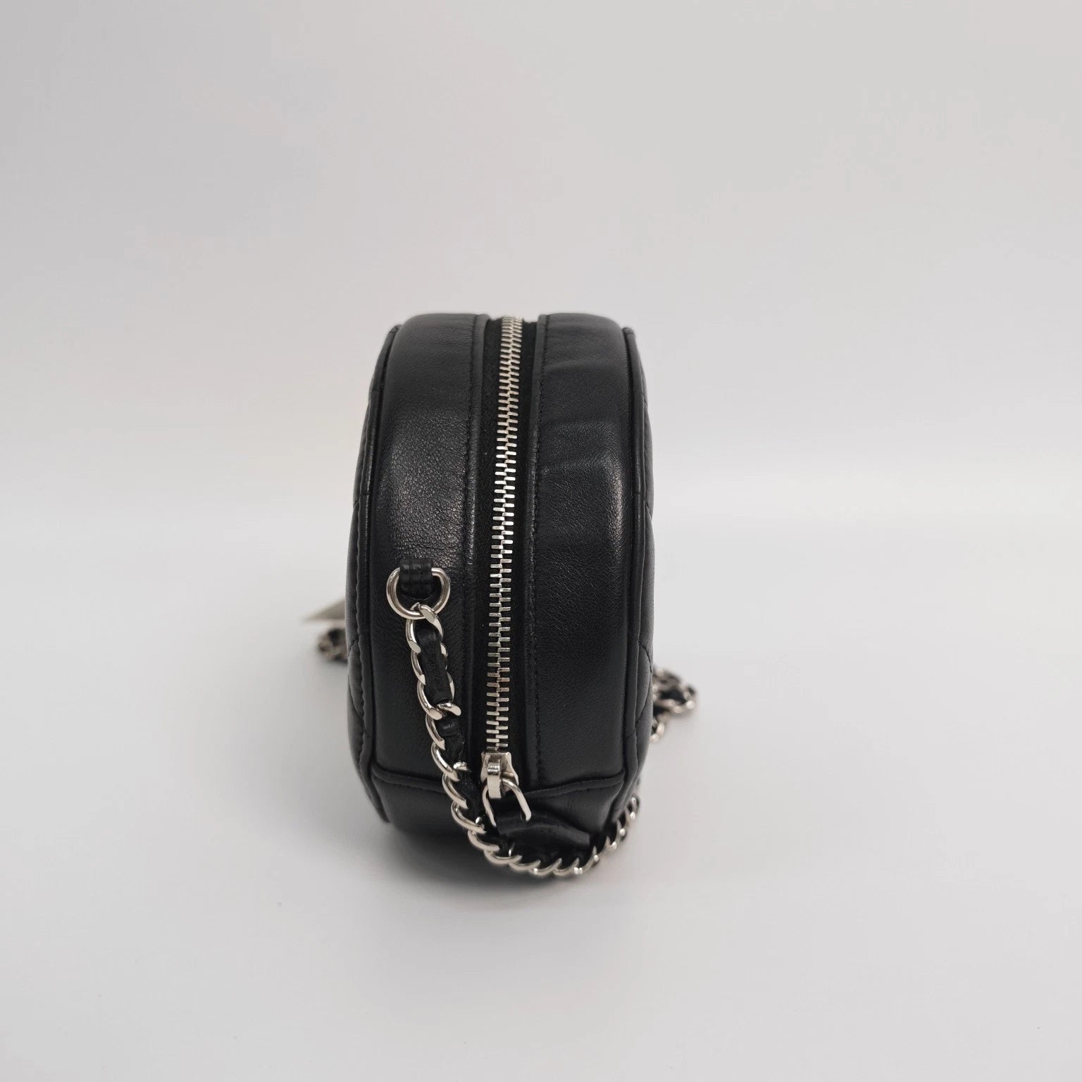 CHANEL Black Lambskin Silver Hardware Round Crossbody Bag Women