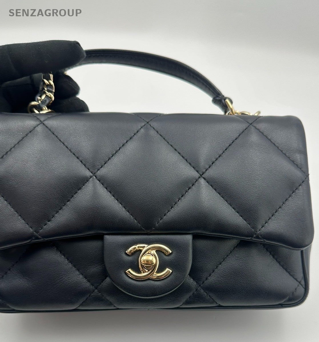 Chanel Classic Flap Mini Lambskin Top Handle Chain Crossbody Navy Gold Women