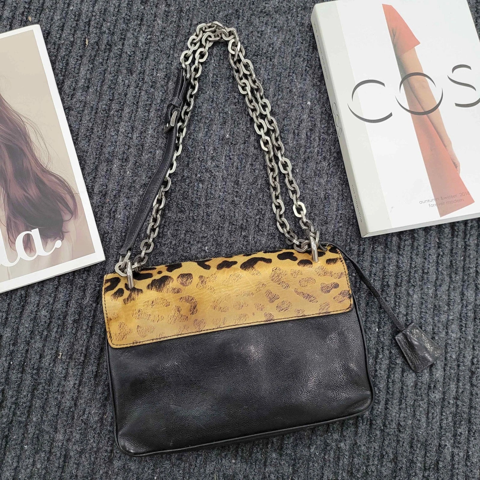 Prada Leopard Print Horsehair Accordion Chain Bag For Women