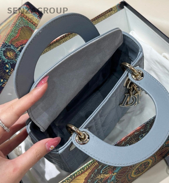 Christian Dior Lady Dior Chain Top Handle Bag Gray Gold Used Women Classic