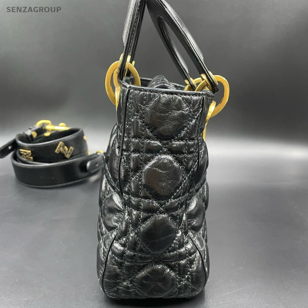 Christian Dior Lady Dior Cannage Top Handle Bag Crossbody Black Gold Women