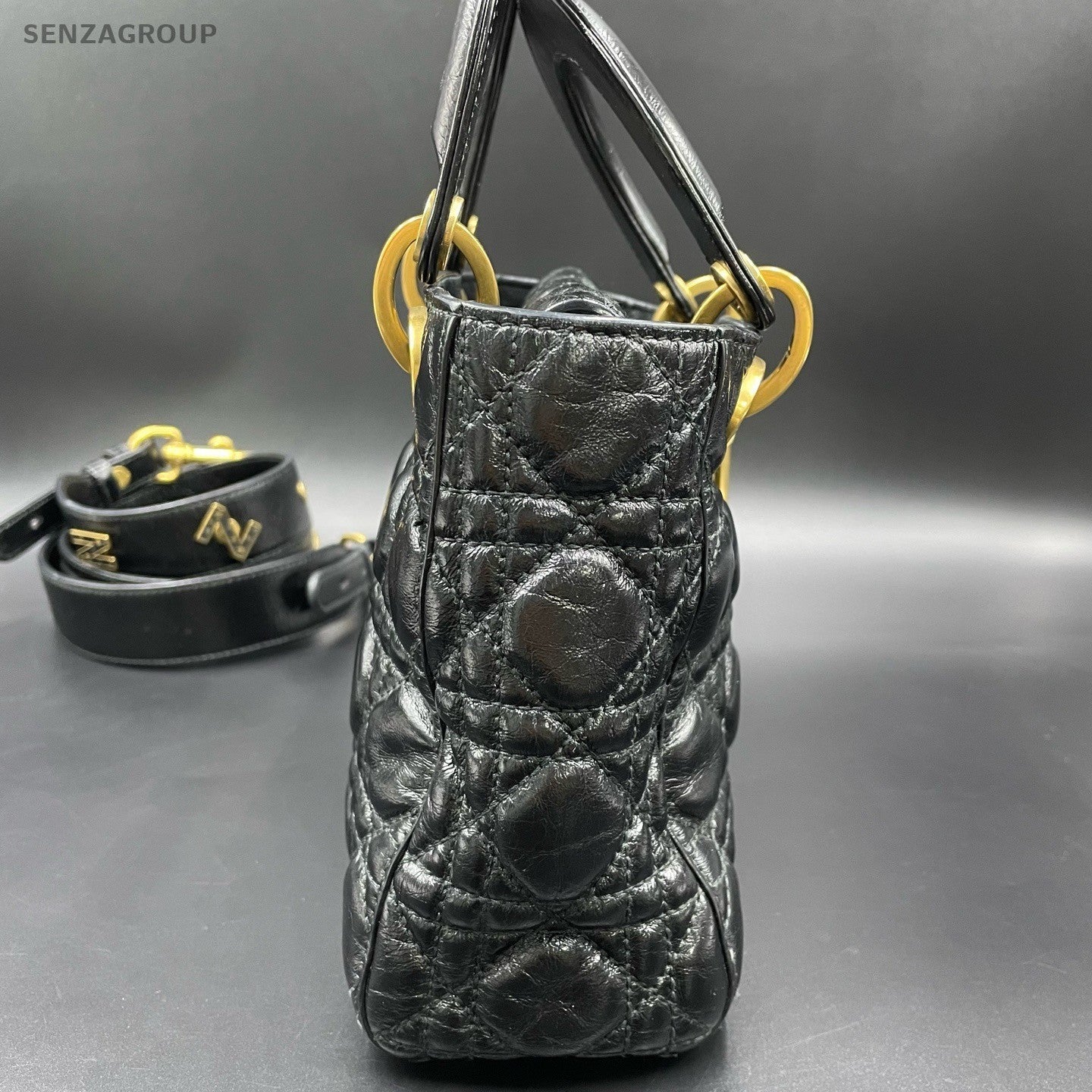 Christian Dior Lady Dior Cannage Top Handle Bag Crossbody Black Gold Women