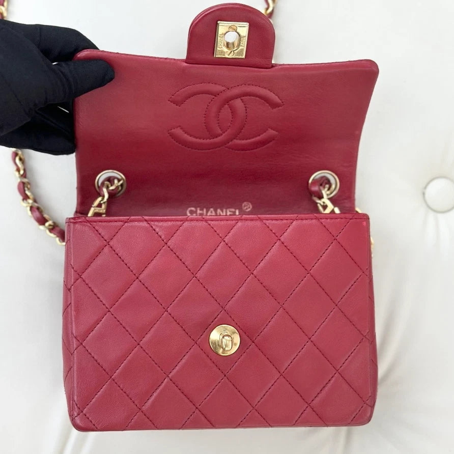 Chanel Vintage Lambskin Chain Shoulder Crossbody Bag Red Gold Women S