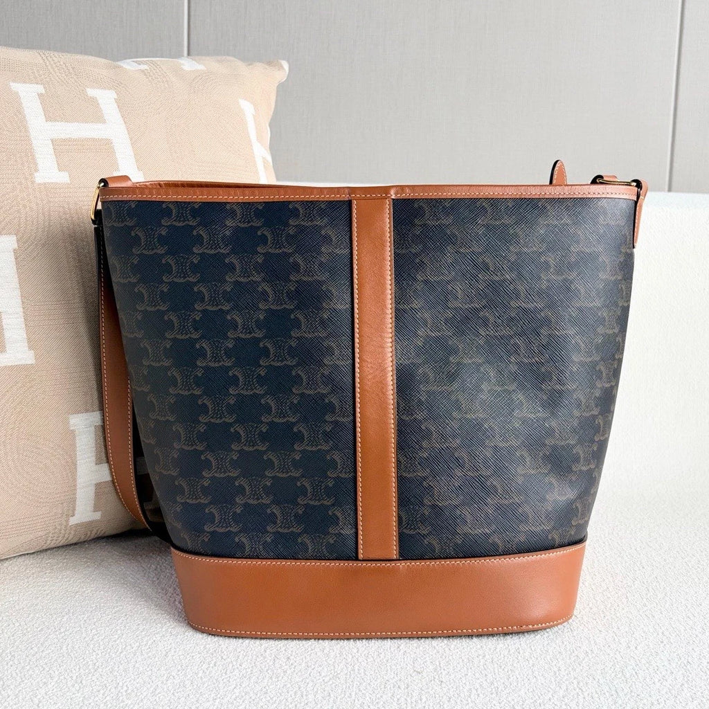 Celine Triomphe MM Bucket Shoulder Bag Black Brown Gold Women Classic