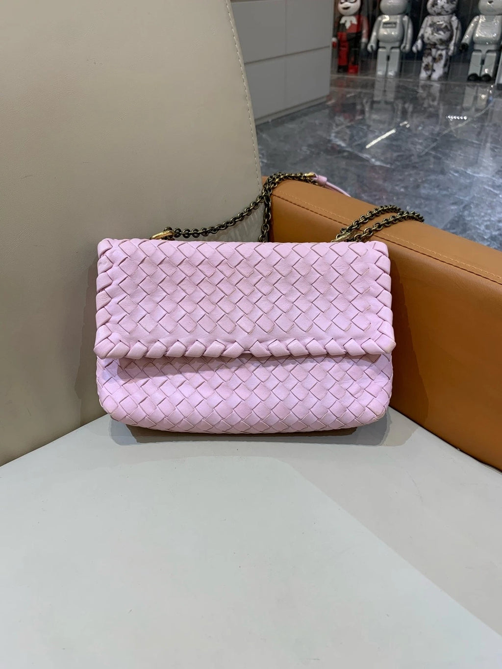 Bottega Veneta Small Olympia Pink Woven Lambskin Shoulder Crossbody Women
