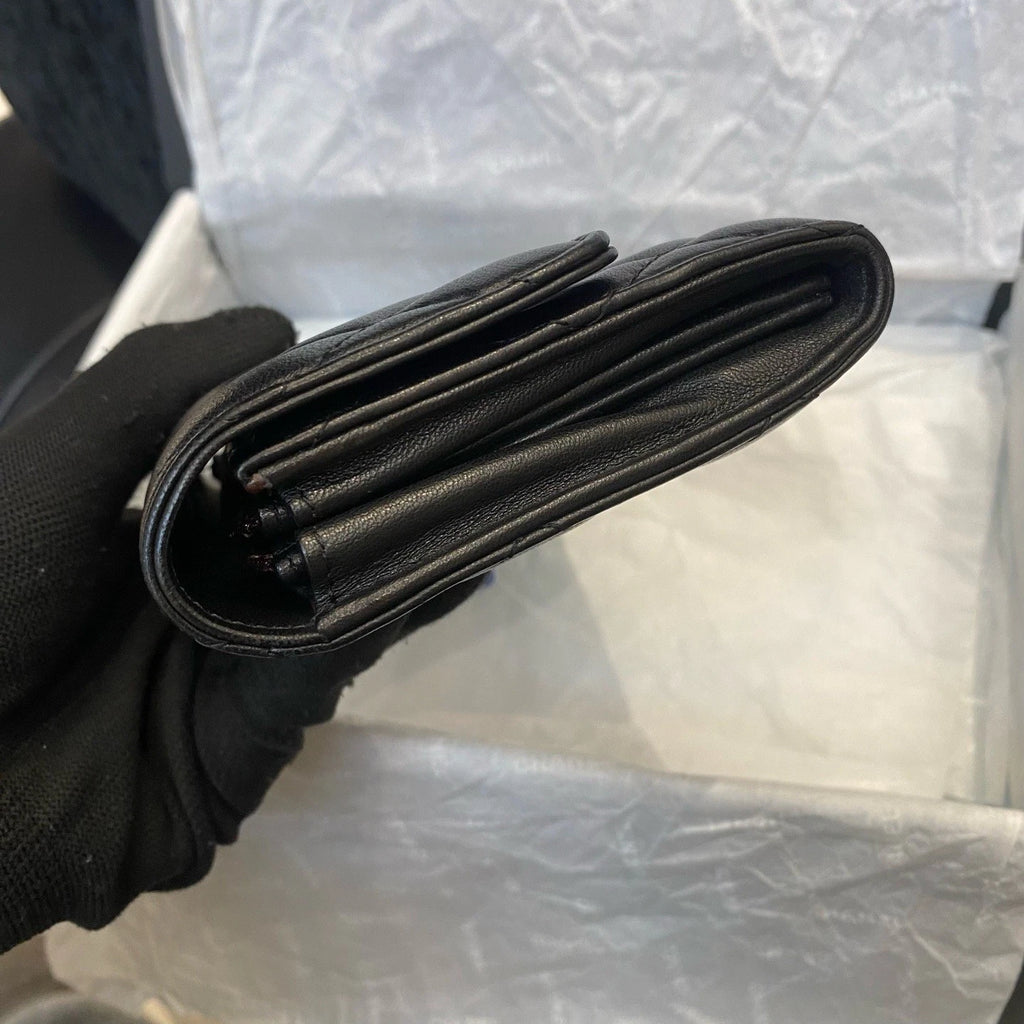 Chanel Classic Flap Lambskin Wallet Black Silver Used Women Diamond Classic