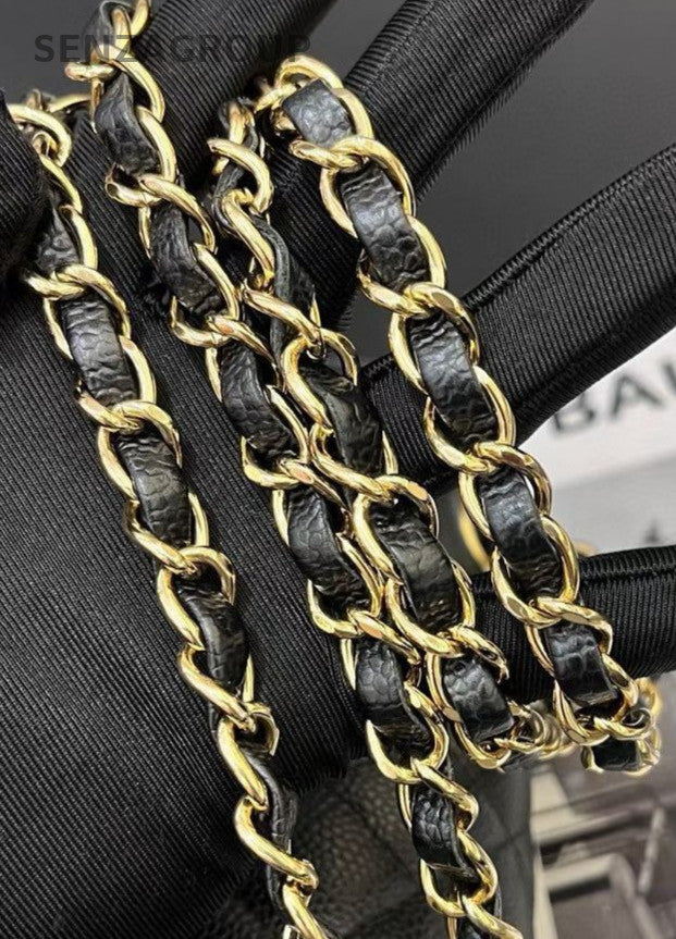 Chanel Classic Flap Calfskin Leather MM Chain Shoulder Bag Black Gold Women