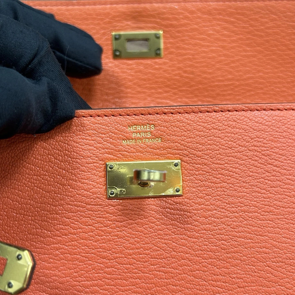 Authentic Hermes Kelly Long Wallet Goatskin Orange Gold Hardware