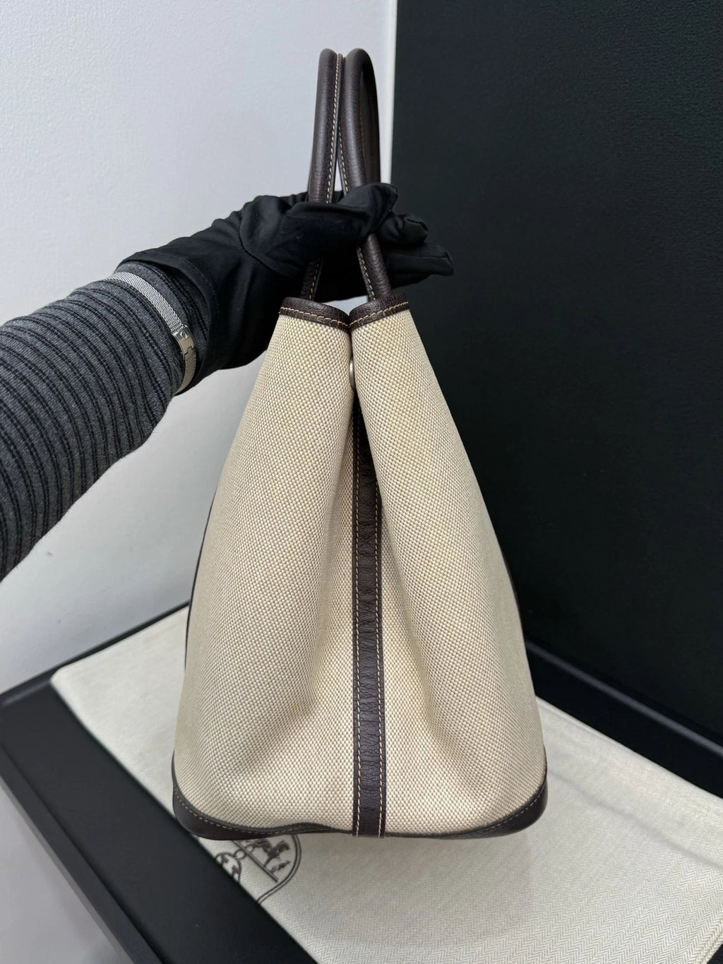 Hermes Garden 36 Tote Canvas Top Handle Shoulder Bag Beige Women Classic