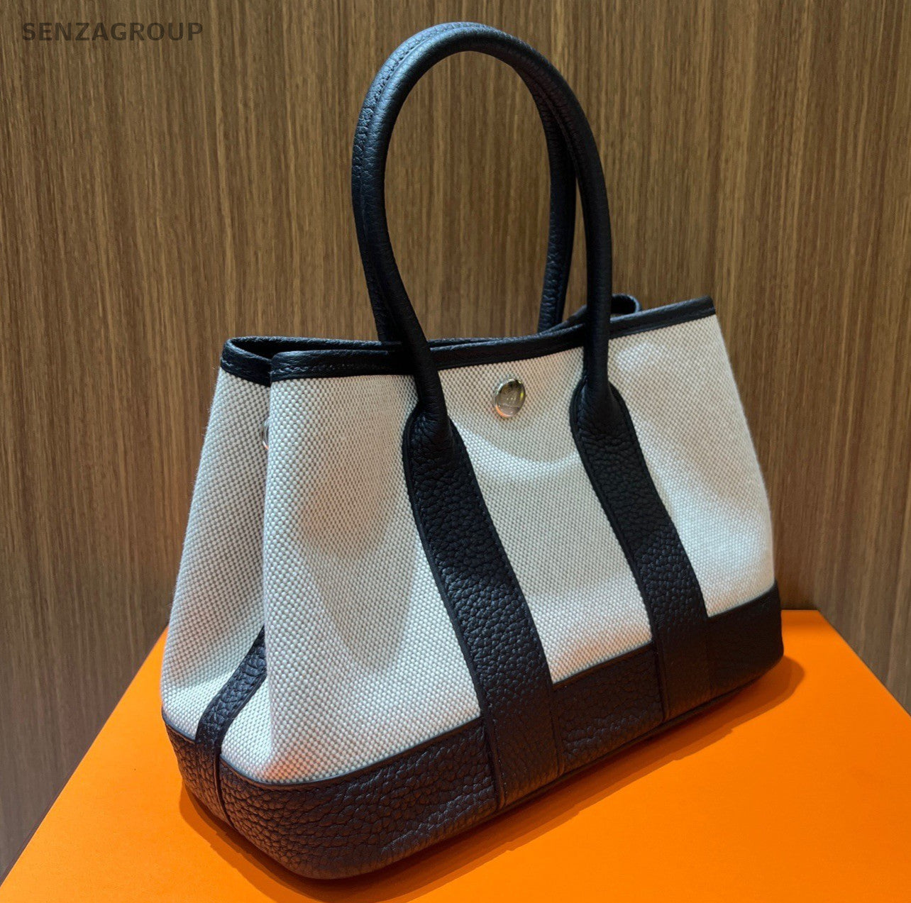 Hermes Garden Party Mini Top Handle Bag White Black Silver Used Women Classic