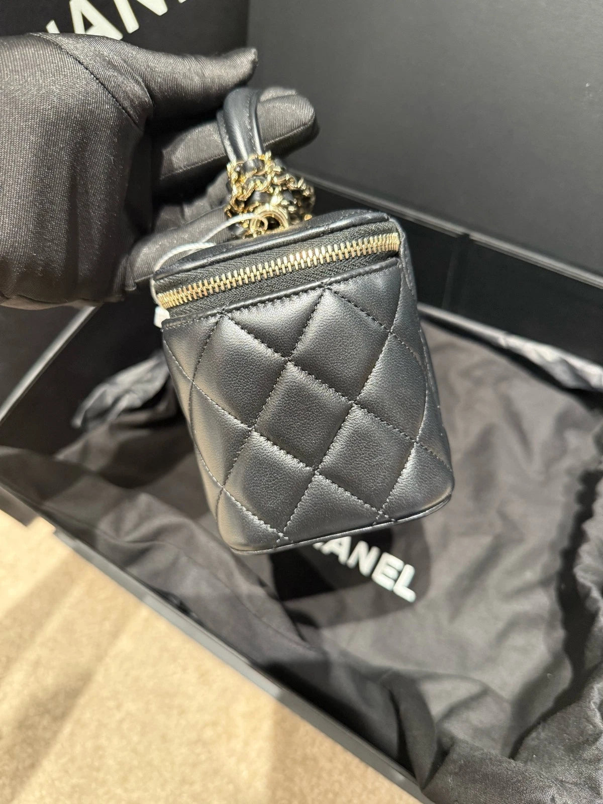 CHANEL 24 Chip Black Gold Lambskin Top Handle Box Bag For Women