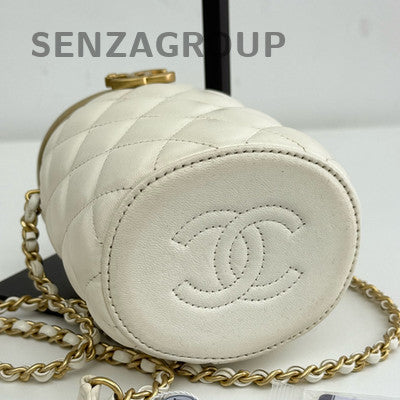 Chanel White Gold Cylinder Chain Shoulder Bag Quilted Classic Women