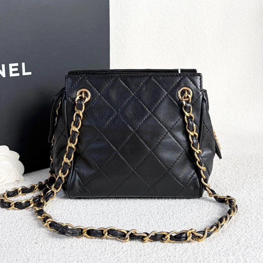Chanel Calfskin Chain Shoulder Bag Black Gold Diamond Women Classic Vintage