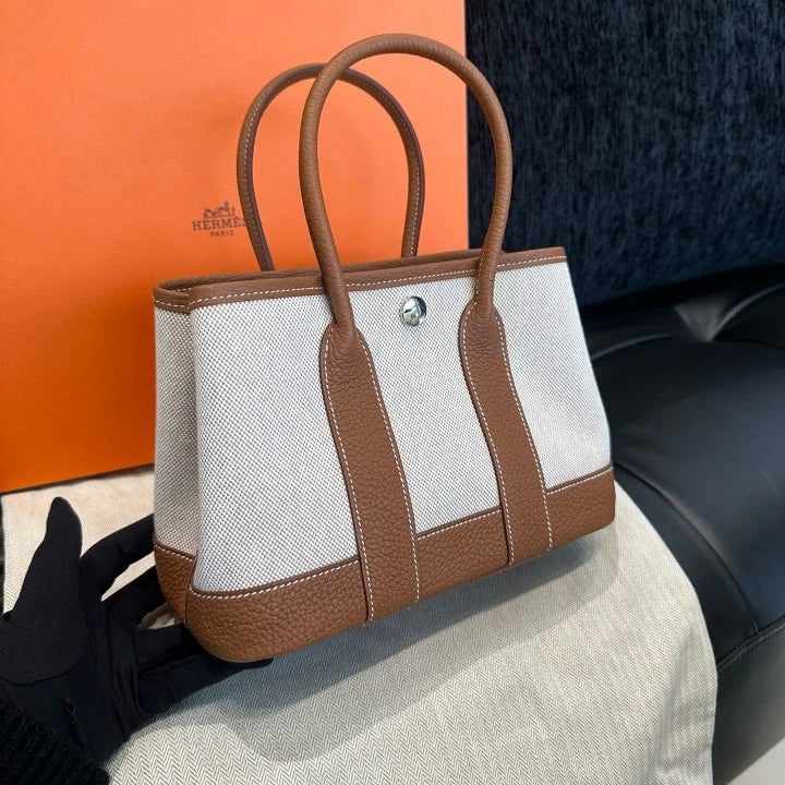 Hermes Garden Party Canvas Mini Top Handle Bag Brown Silver Women Classic D