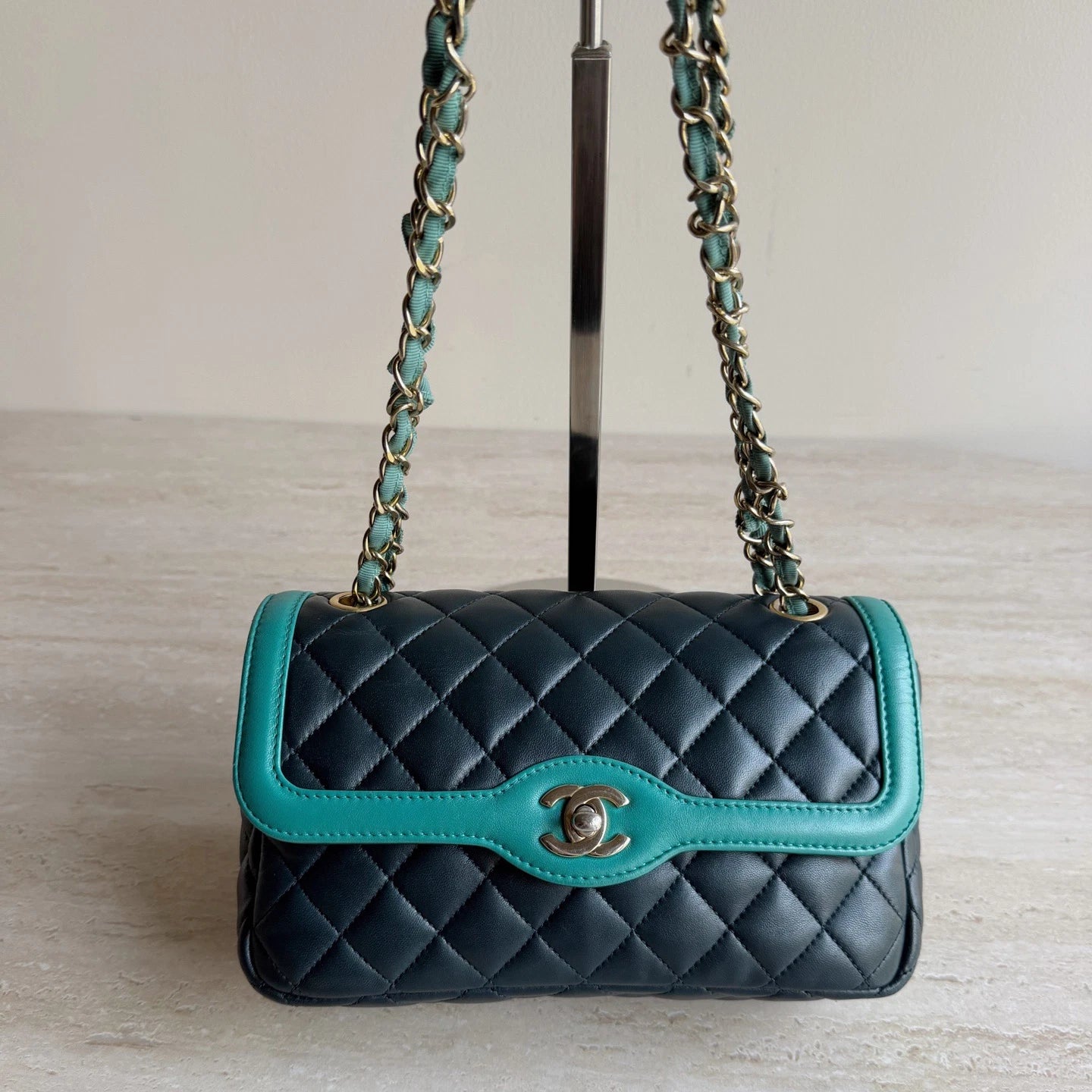 Chanel Classic Flap Lambskin Silver Chain Shoulder Bag Crossbody Navy Green