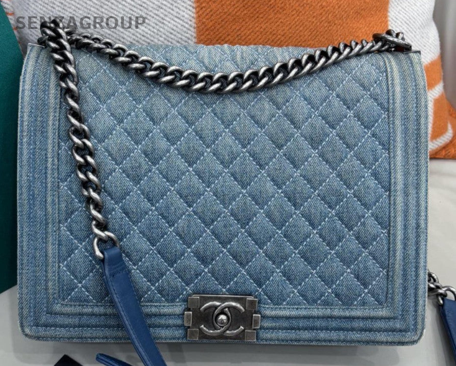 Chanel Leboy Maxi Chain Shoulder Bag Blue Silver Used Women Designer Classic